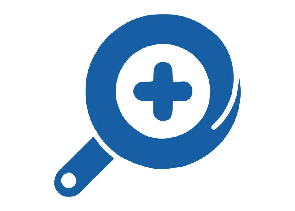 Blaue Lupe mit einem Pluszeichen in der Mitte auf weißem Hintergrund.